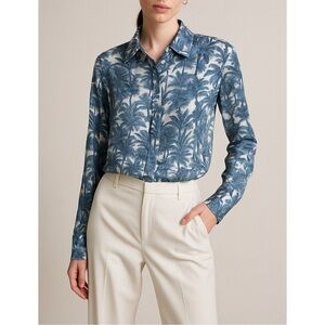 Karmamia Copenhagen Satin Palm Print Button Down Shirt Blue White XS Resortwear